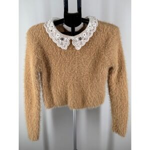 Rich & Famous Camel Tan Eyelash Knit Cropped Sweater Lace Peter Pan‎ Collar L
